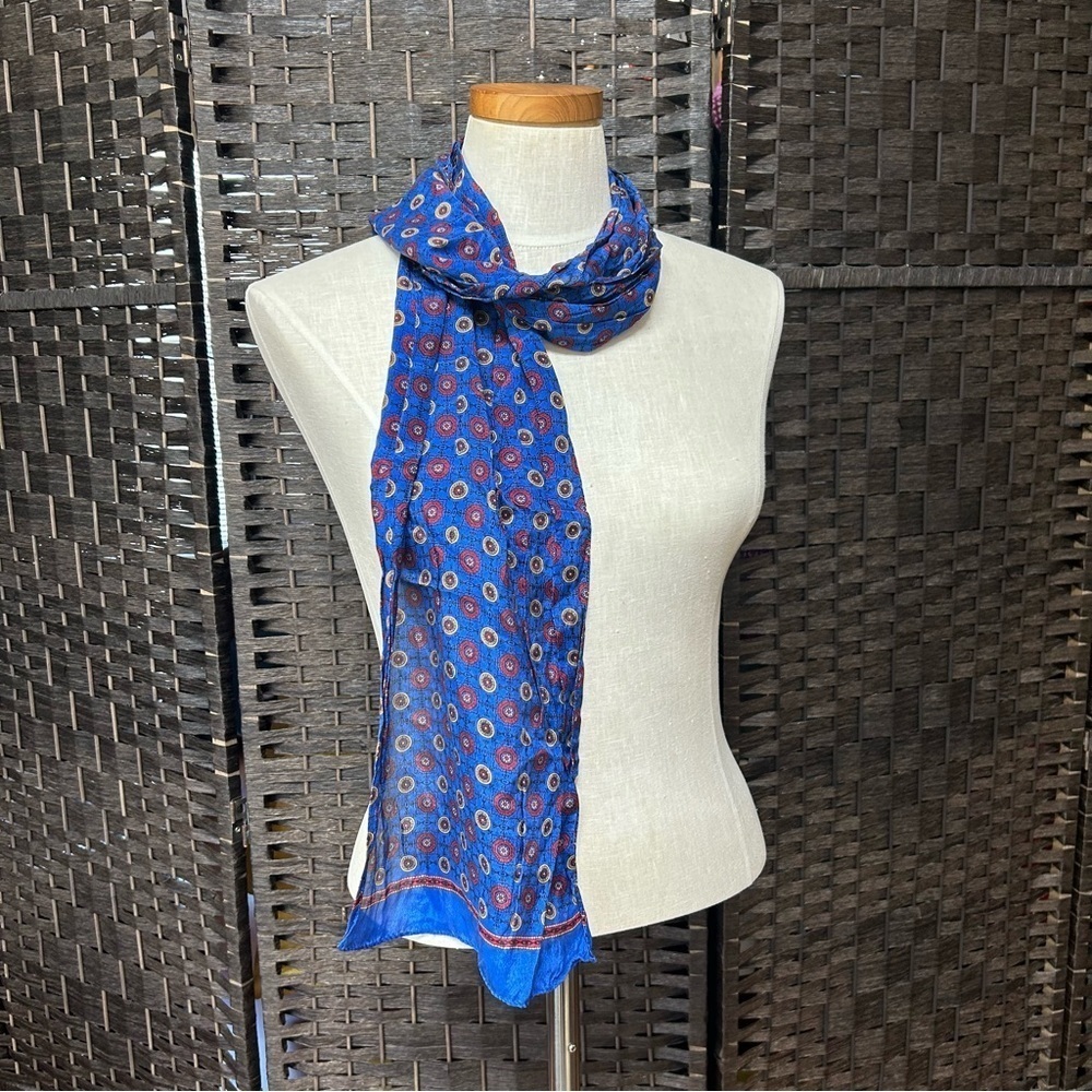 Echo Silk Scarf lightweight blue with circle pattern design red gold